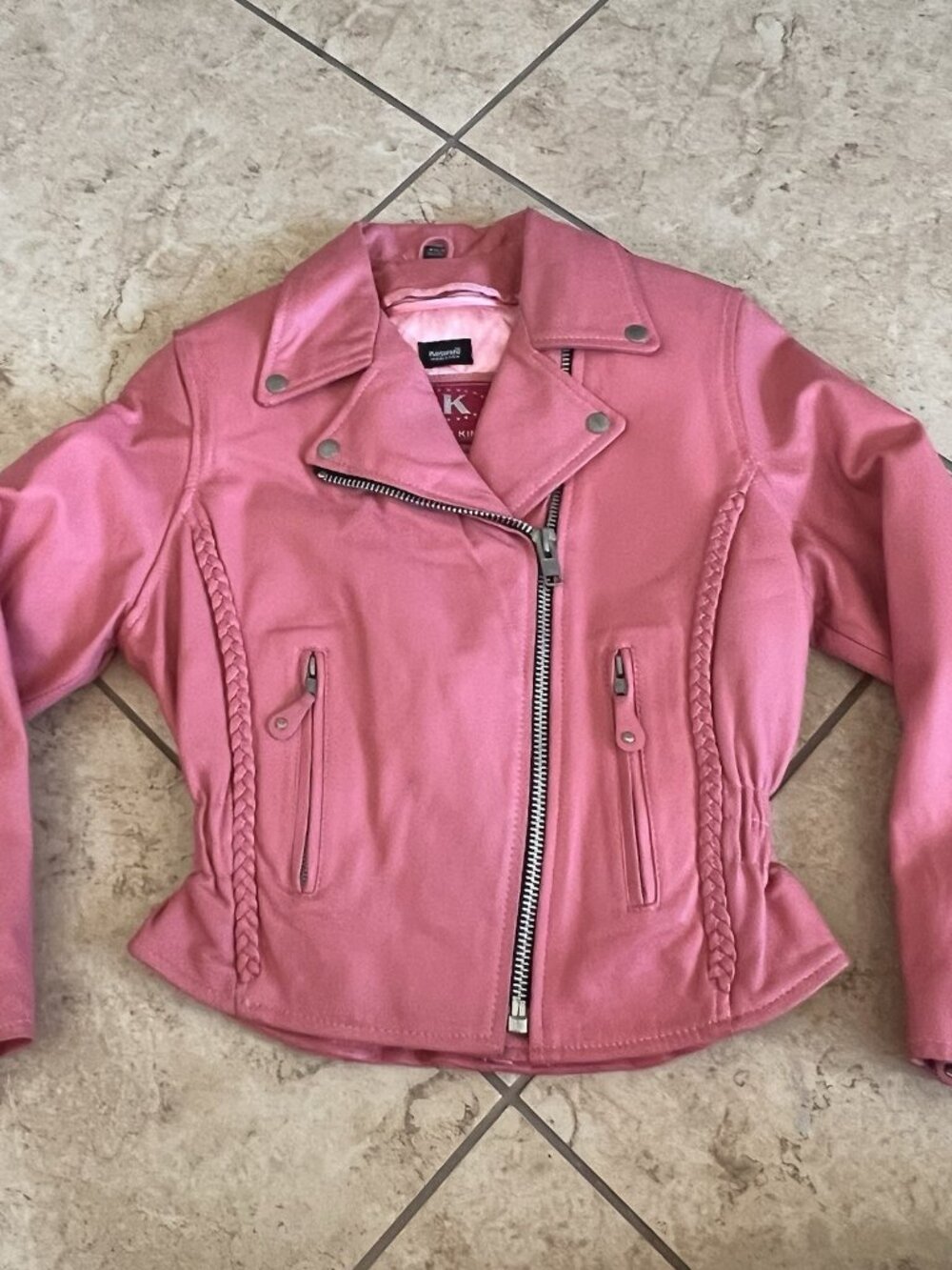 Vintage Pink Womens Leather Sz XS Jacket Biker Motorcycle Removable Satin Liner
